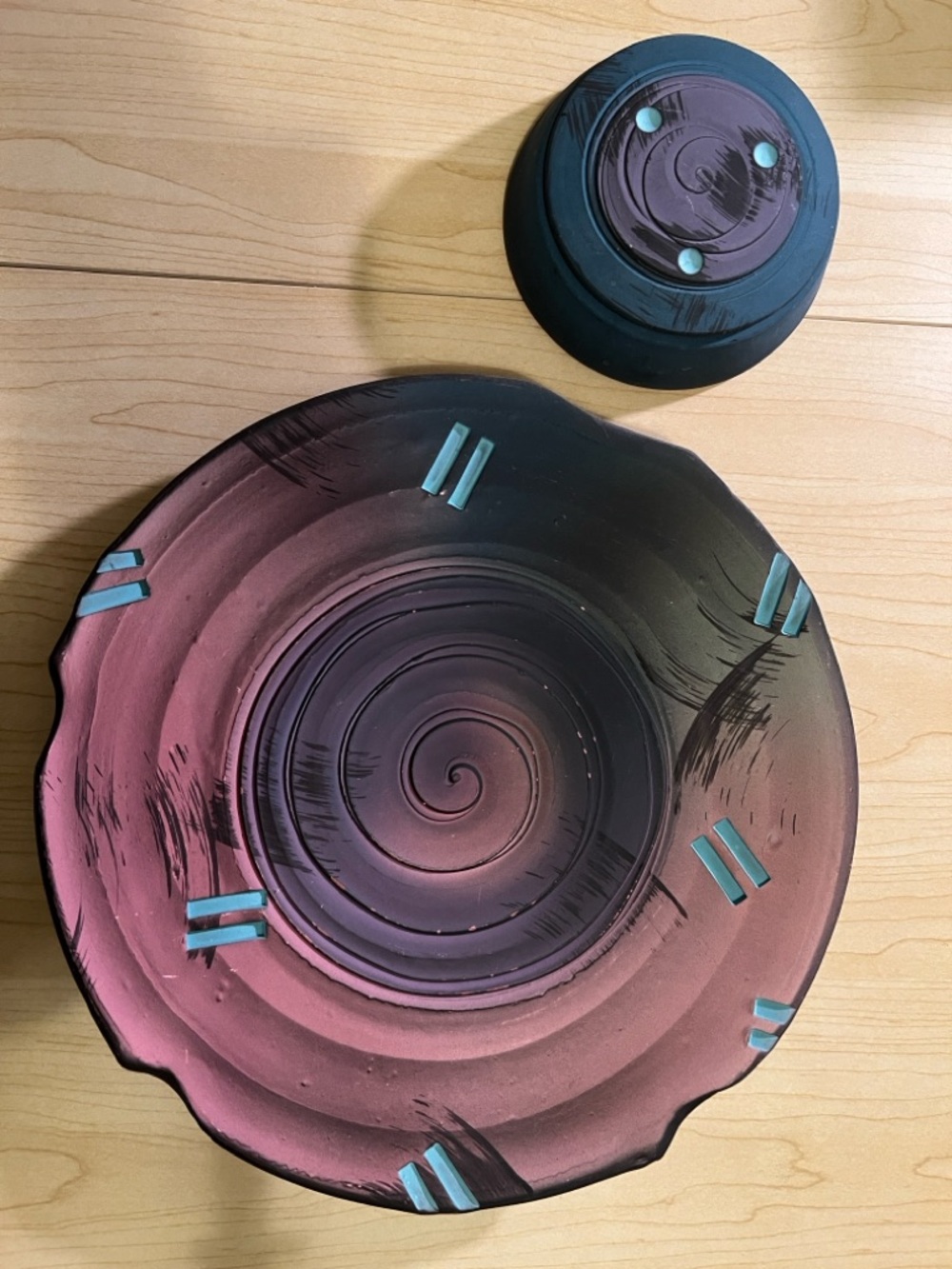 Unglazed Decorative Abstract Art Spiral Motif Plate and Bowl Set w/Teal Accents